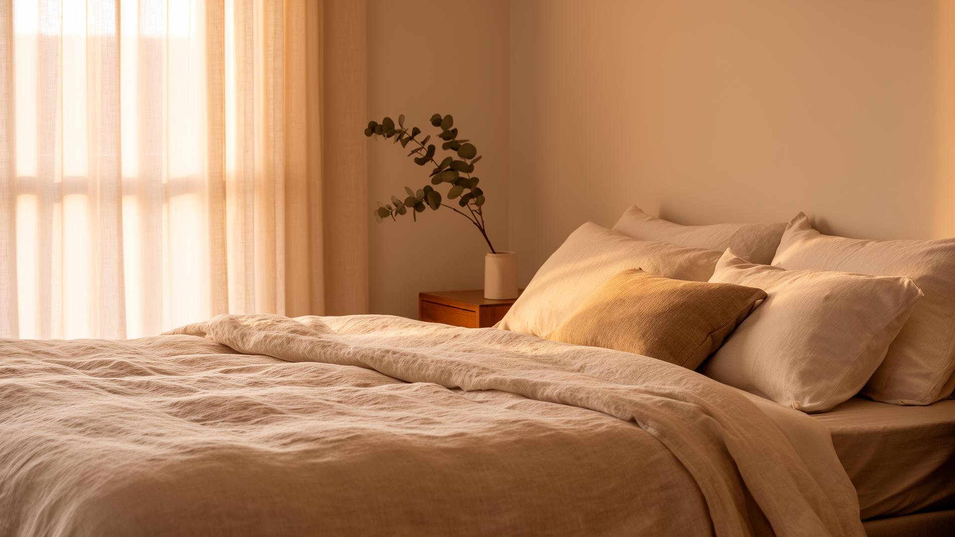 A softly lit bedroom at dawn with linen bedding